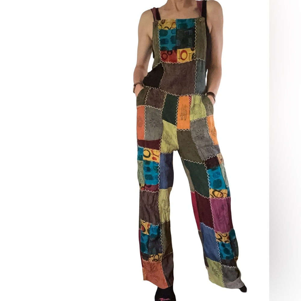 Rising International Boho Hippie Quilt Cross Stitch Block Print Pattern Overalls - Picture 2 of 16